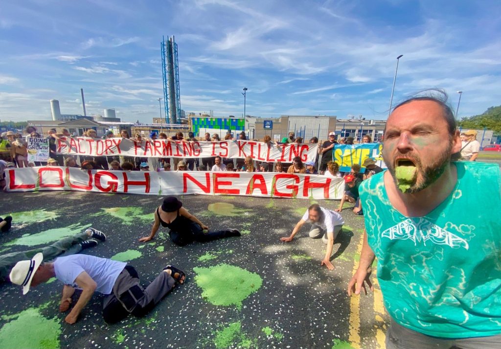 Protest at Moy Farm chicken factory. People vomiting green puke.