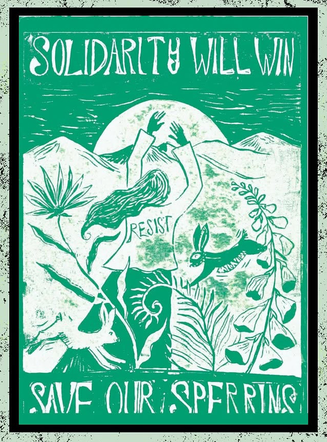 Green Lino print with text reading solidarity will win save our sperrins